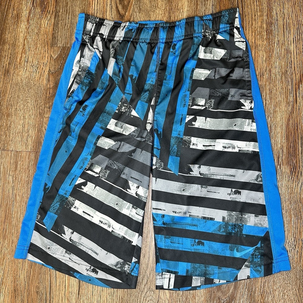 Nike Dri-Fit  Blue Grey Black Athletic Shorts Youth L Pocket Geometric Swoosh